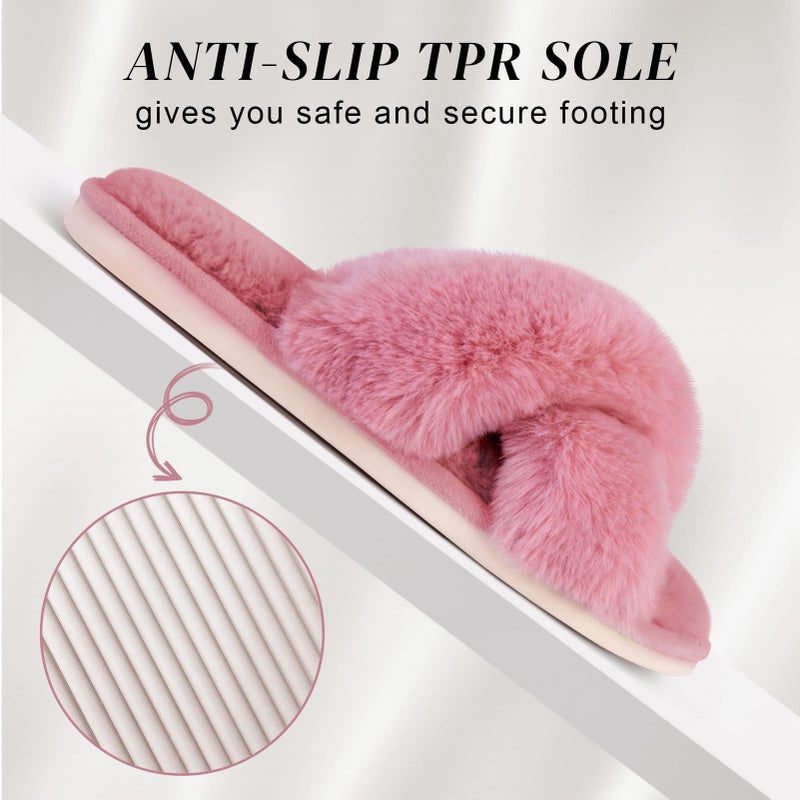 Parlovable Women's Fuzzy Slippers Comfy Cross Band House Shoes Memory Foam Open Toe Indoor Gifts for Ladies Pink 9-10 - Image 5